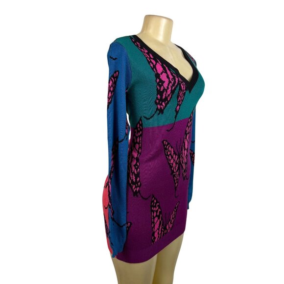 Betsey Johnson Womens Multicolor Butterfly Print V-Neck Sweater Dress Sz M - Picture 2 of 10